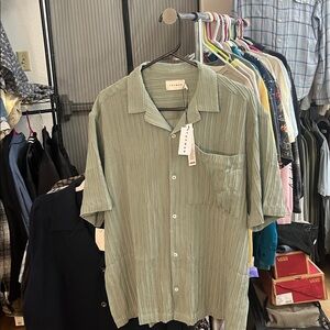 Topman Plisse Green Button Down Shirt